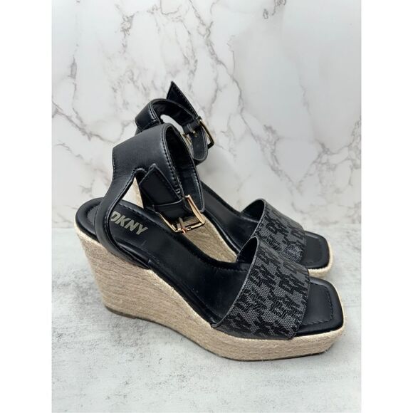 DKNY Sandals Womens Size 6.5 Black Ankle Strap Espadrille Open Toe Wedges New - Picture 3 of 12